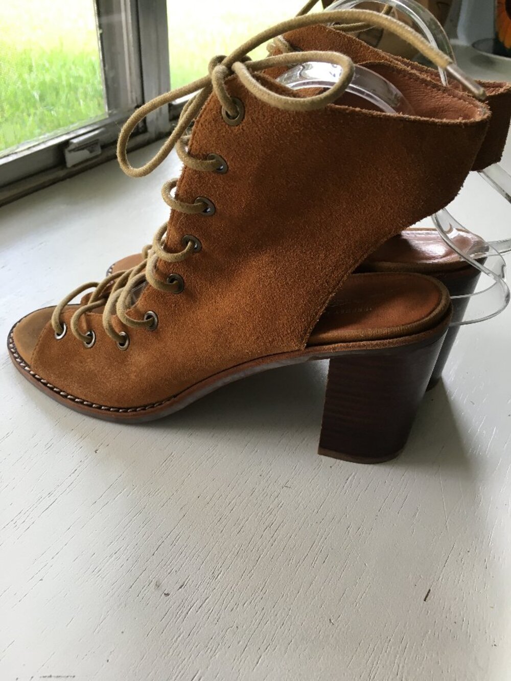 Free People x Jeffrey Campbell Minimal Lace Up Suede Sandals Heels Tan Size 10